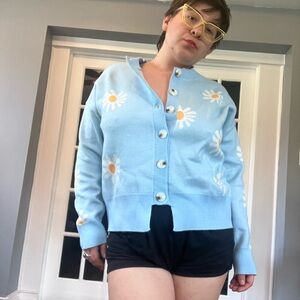 Blue and White Star Pattern Cardigan Sweater